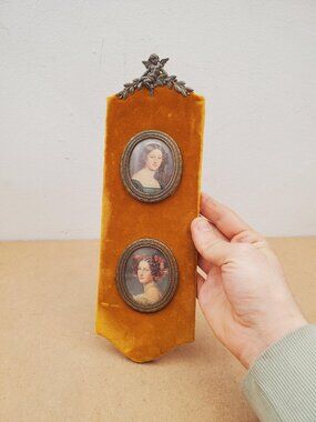 Vintage Miniature Vintage Portrait Paintings in a Velvet Frame - vintage glass